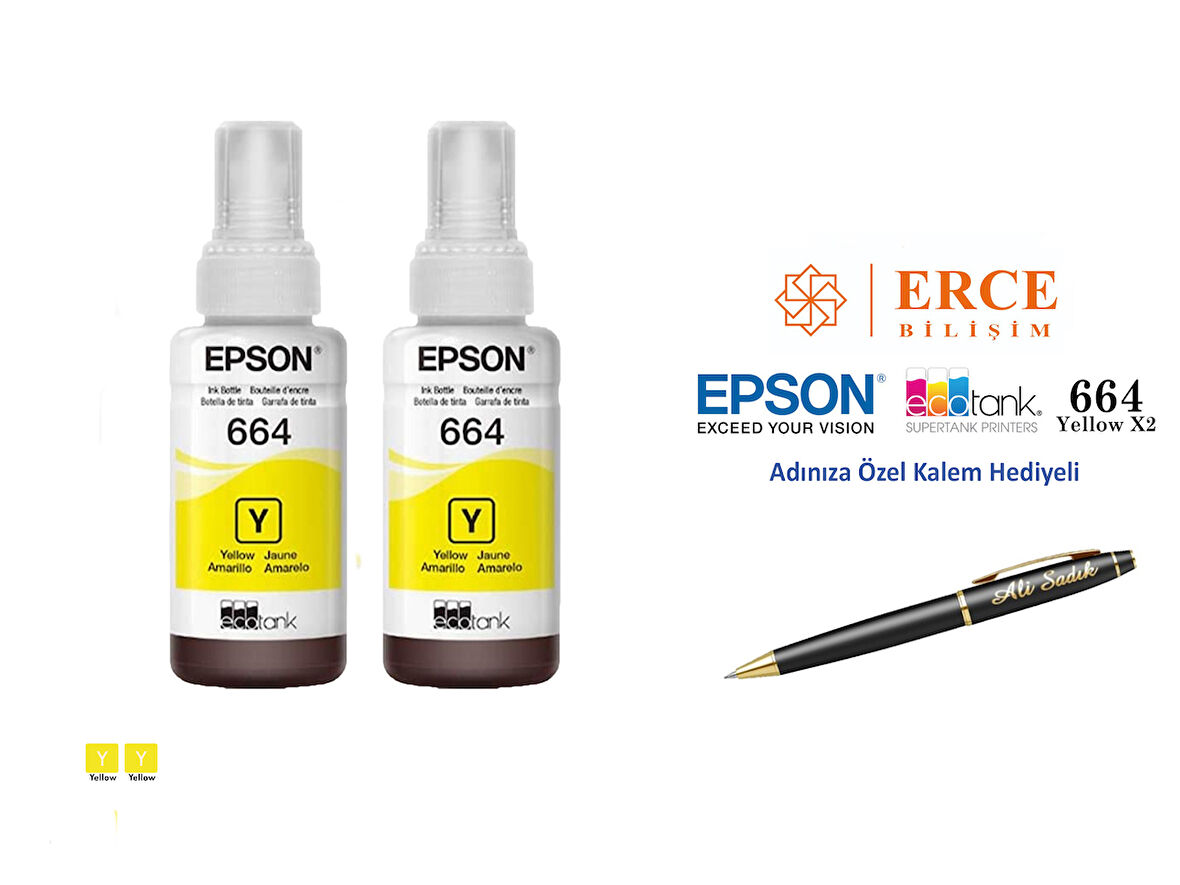 Epson 6644 (YELLOW) 2'Li Sarı, Epson EcoTank L3070 Uyumlu Kalem Hediyeli 2 Sarı Mürekkep Seti