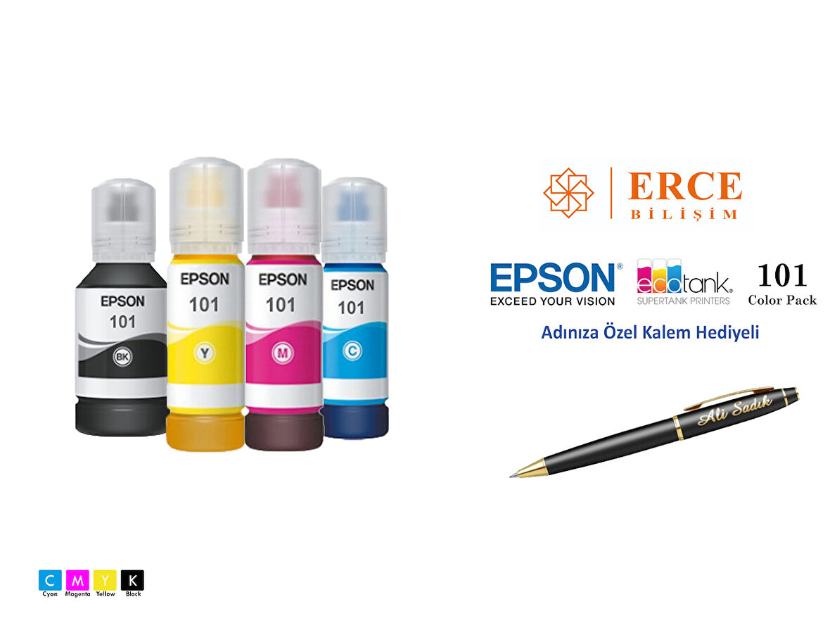 Epson 101 (CMYK) 4 Renk Kartuş, Epson EcoTank L14150 Uyumlu Kalem Hediyeli Mürekkep Seti