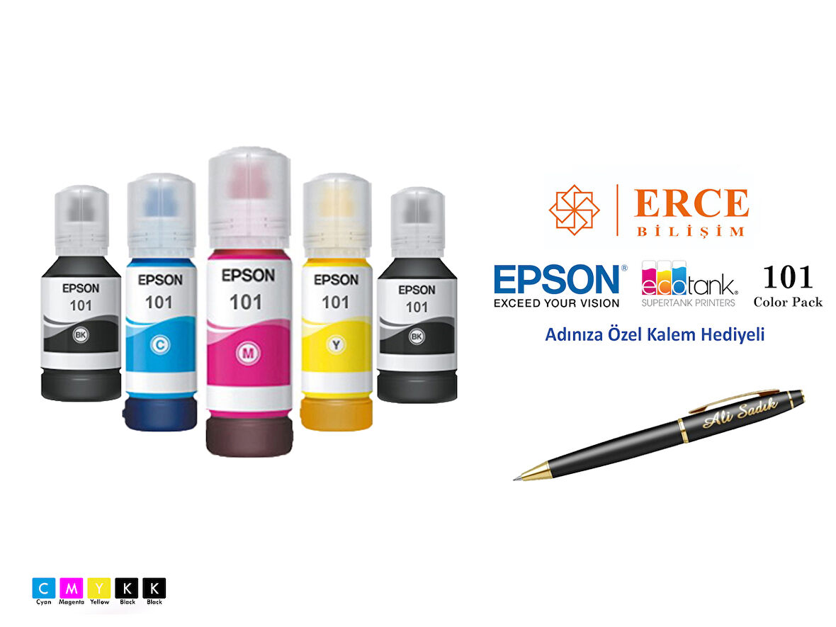 Epson 101 (CMYK+BK) 5 Renk Kartuş, Epson EcoTank L14150 Uyumlu Kalem Hediyeli Mürekkep Seti