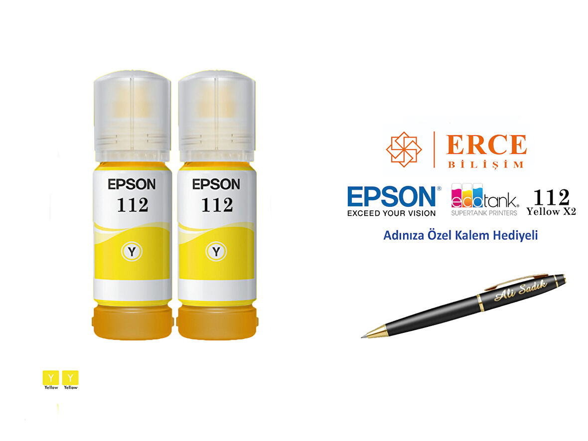 Epson 112 (YELLOW) 2'Li Sarı, Epson EcoTank L6570 Uyumlu Kalem Hediyeli 2 Sarı Mürekkep Seti