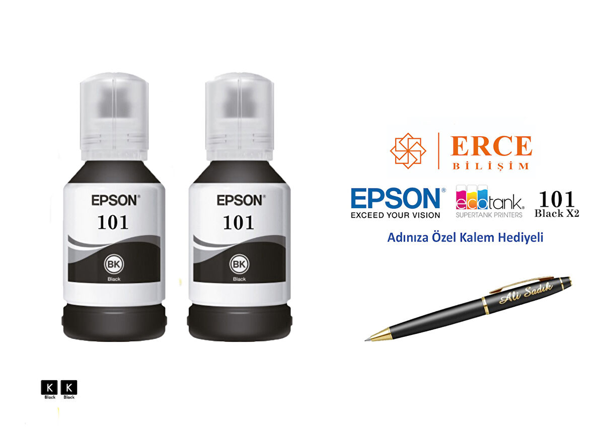 Epson 101 (BK) 2'Lİ Siyah, Epson EcoTank L14150 Uyumlu Kalem Hediyeli 2 Siyah Mürekkep Seti