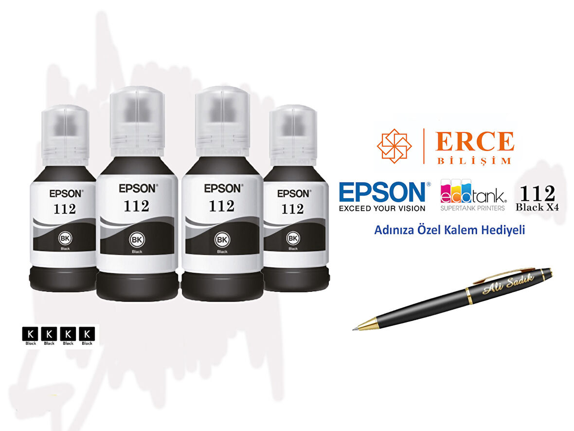 Epson 112 (BK) 4'Lü Siyah, Epson EcoTank Pro L6580 Uyumlu Kalem Hediyeli 4 Siyah Mürekkep Seti