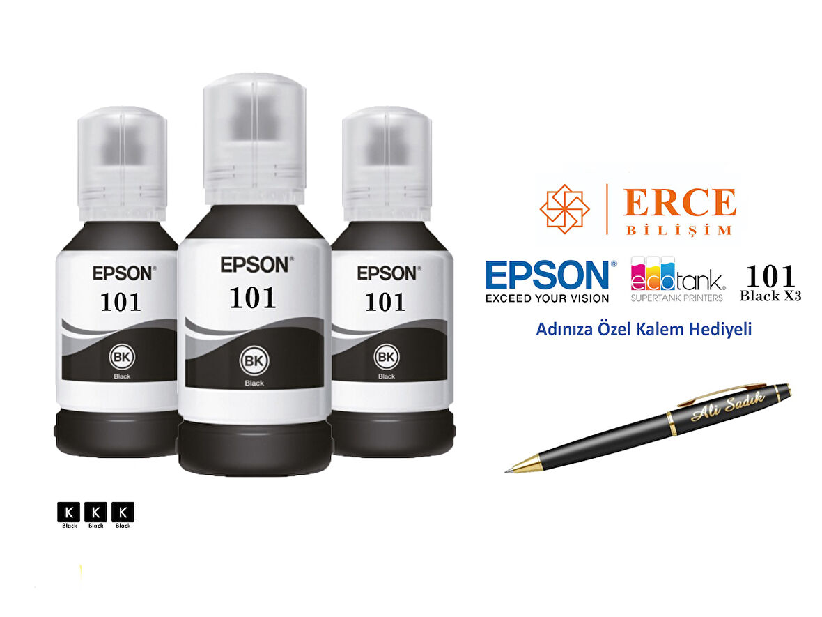 Epson 101 (BK) 3'Lü Siyah, Epson EcoTank L4266 Uyumlu Kalem Hediyeli 3 Siyah Mürekkep Seti