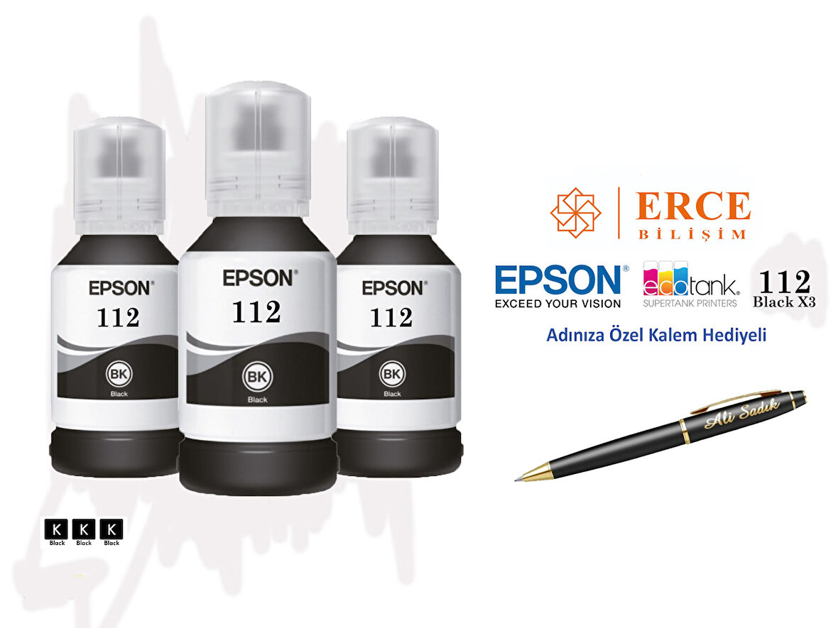 Epson 112 (BK) 3'Lü Siyah, Epson EcoTank L6550 Uyumlu Kalem Hediyeli 3 Siyah Mürekkep Seti