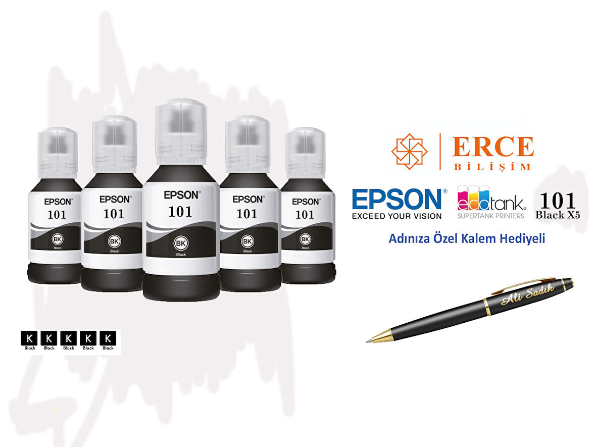 Epson 101 (BK) 5'Li Siyah, Epson EcoTank L6290 Uyumlu Kalem Hediyeli 5 Siyah Mürekkep Seti