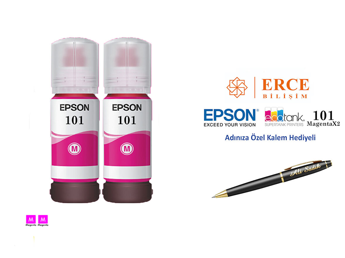 Epson 101 (MAGENTA) 2'Li Kırmızı, Epson EcoTank L6270 Uyumlu Kalem Hediyeli 2 Kırmızı Mürekkep Seti