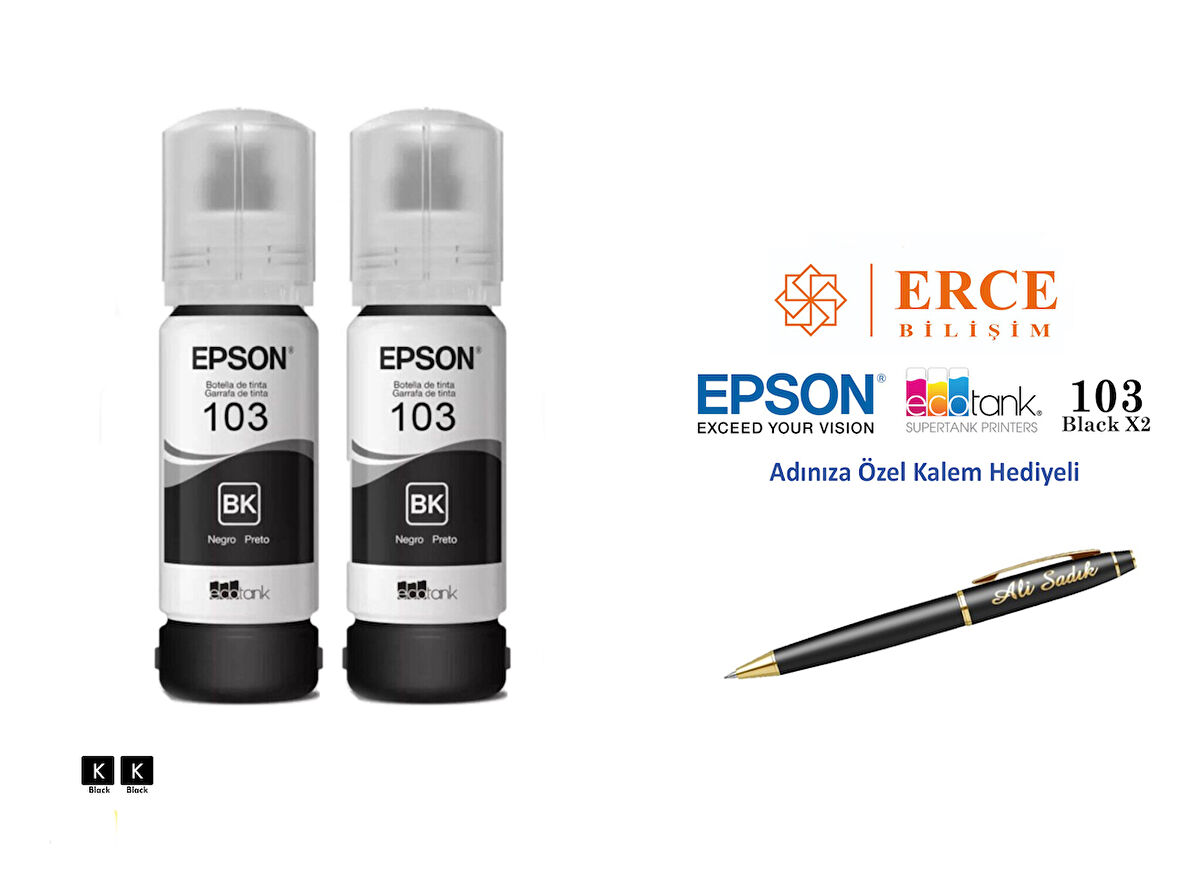 Epson 103 (BK) 2'Lİ Siyah, Epson EcoTank L1250 Uyumlu Kalem Hediyeli 2 Siyah Mürekkep Seti