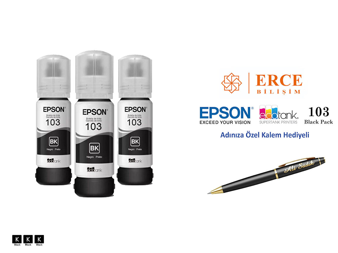 Epson 103 (BK) 3'Lü Siyah, Epson EcoTank L3251 Uyumlu Kalem Hediyeli 3 Siyah Mürekkep Seti