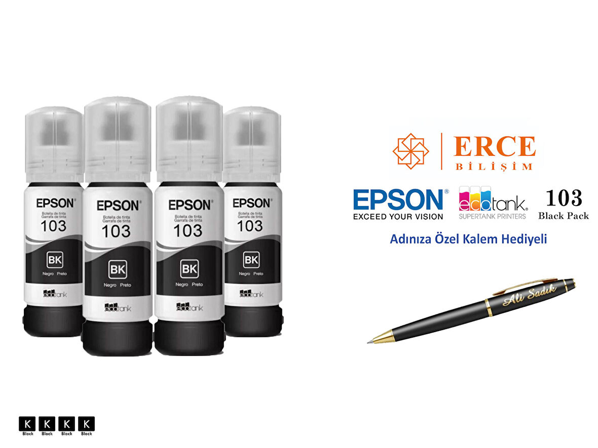 Epson 103 (BK) 4'Lü Siyah, Epson EcoTank L3250 Uyumlu Kalem Hediyeli 4 Siyah Mürekkep Seti