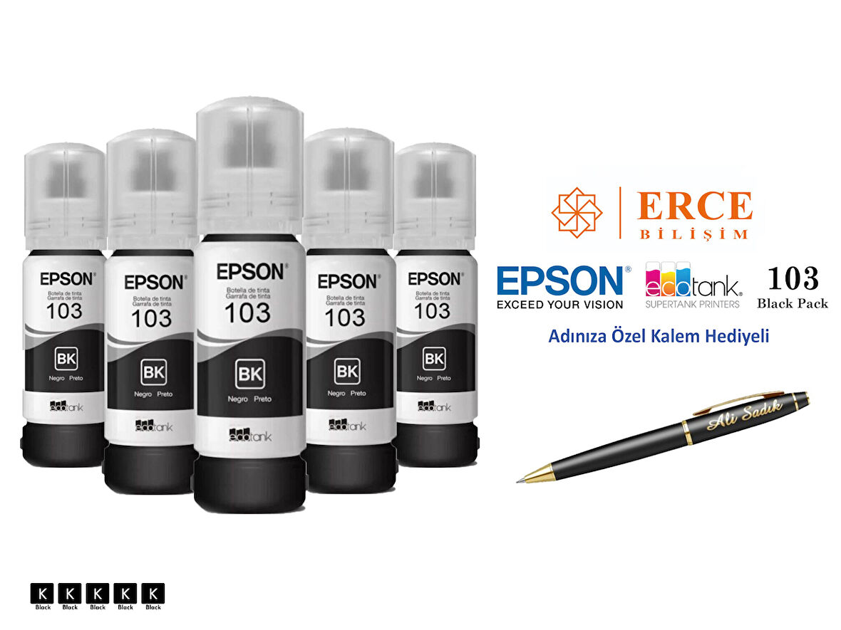 Epson 103 (BK) 5'Li Siyah, Epson EcoTank L1210 Uyumlu Kalem Hediyeli 5 Siyah Mürekkep Seti
