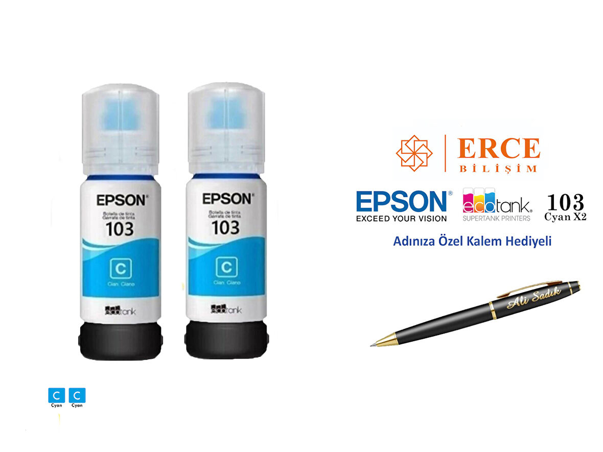 Epson 103 (CYAN) 2'Li Mavi, Epson EcoTank L5290 Uyumlu Kalem Hediyeli 2 Mavi Mürekkep Seti