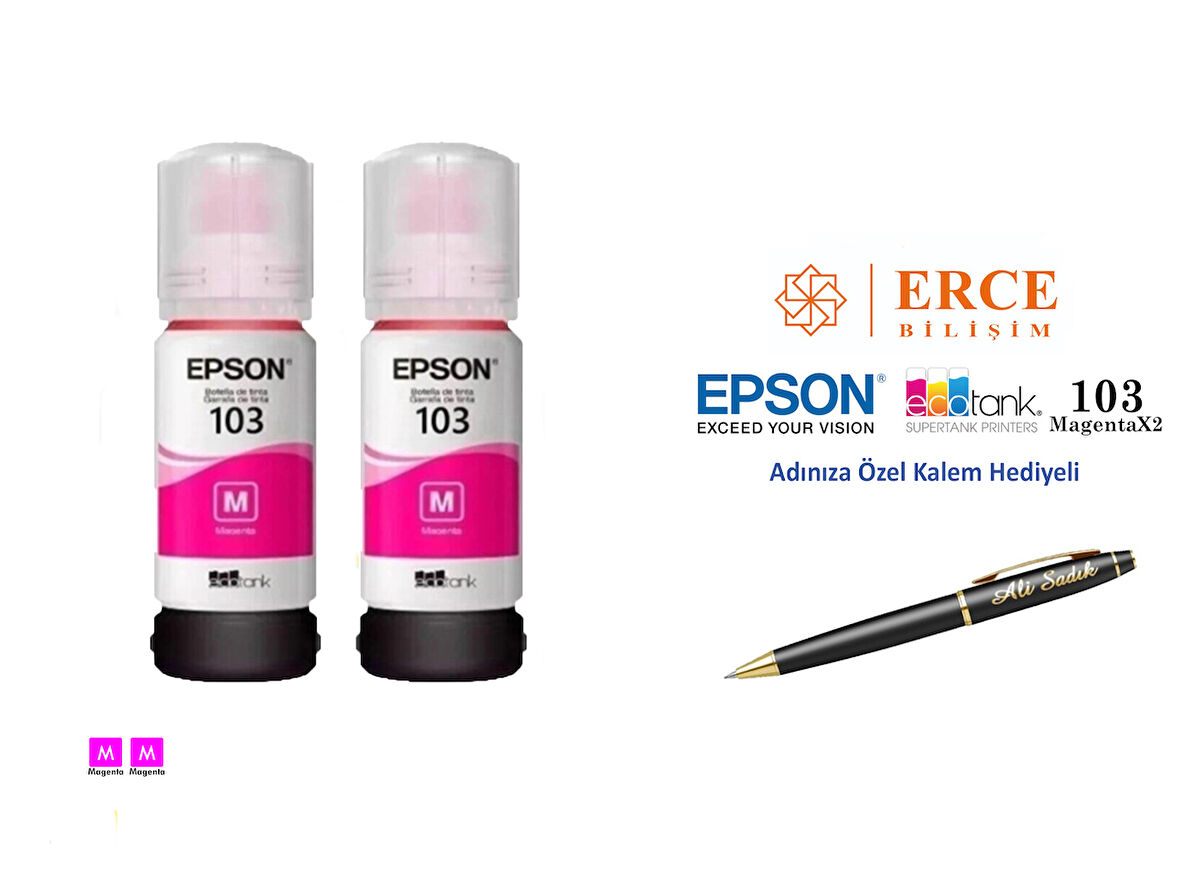 Epson 103 (MAGENTA) 2'Li Kırmızı, Epson EcoTank L3256 Uyumlu Kalem Hediyeli 2 Kırmızı Mürekkep Seti