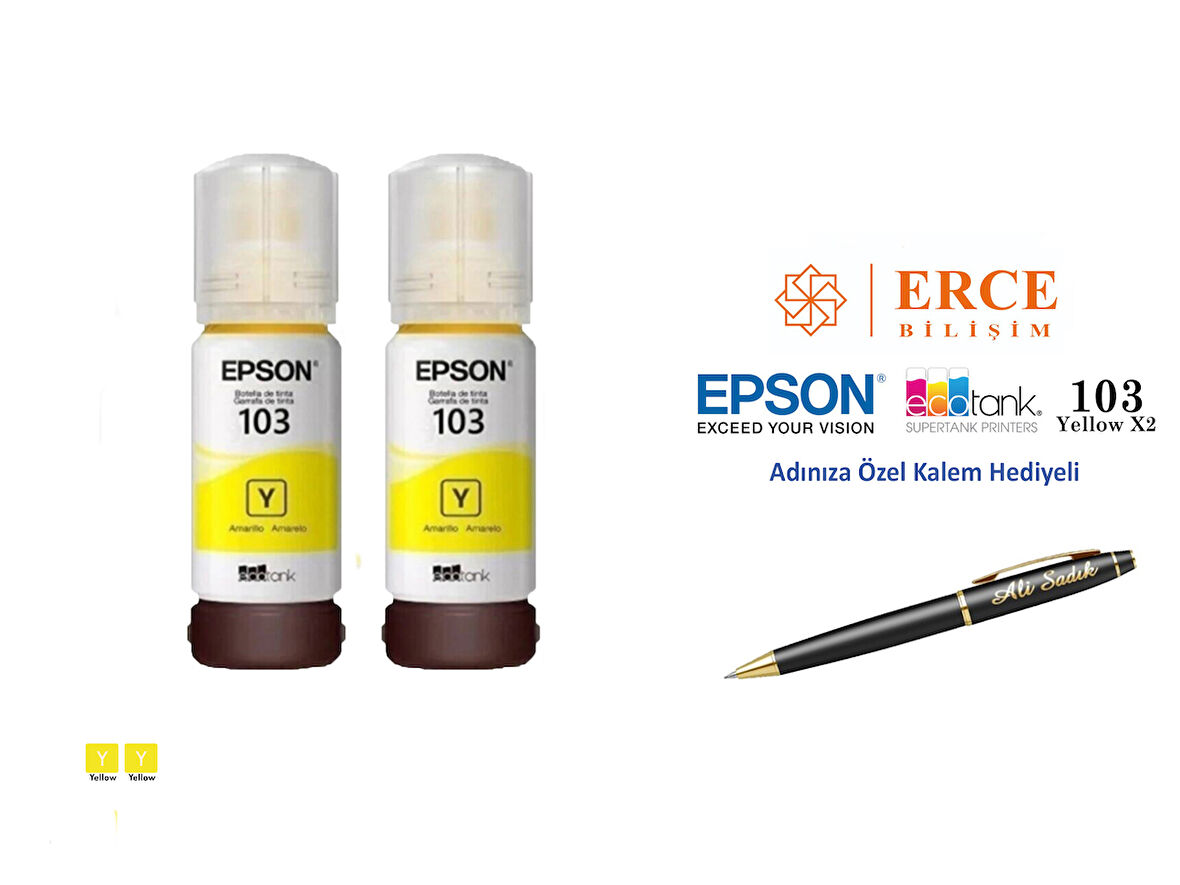 Epson 103 (YELLOW) 2'Li Sarı, Epson EcoTank L3250 Uyumlu Kalem Hediyeli 2 Sarı Mürekkep Seti