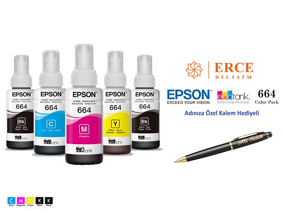 Epson 664 (CMYK+BK) 5 Renk Kartuş, Epson EcoTank L365 Uyumlu Kalem Hediyeli Mürekkep Seti