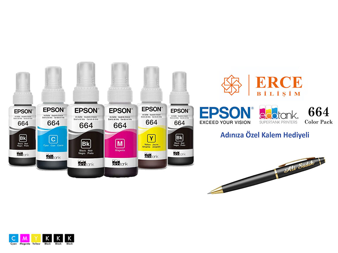 Epson 664 (CMYK+2BK) 6 Renk Kartuş, Epson EcoTank L3060 Uyumlu Kalem Hediyeli Mürekkep Seti