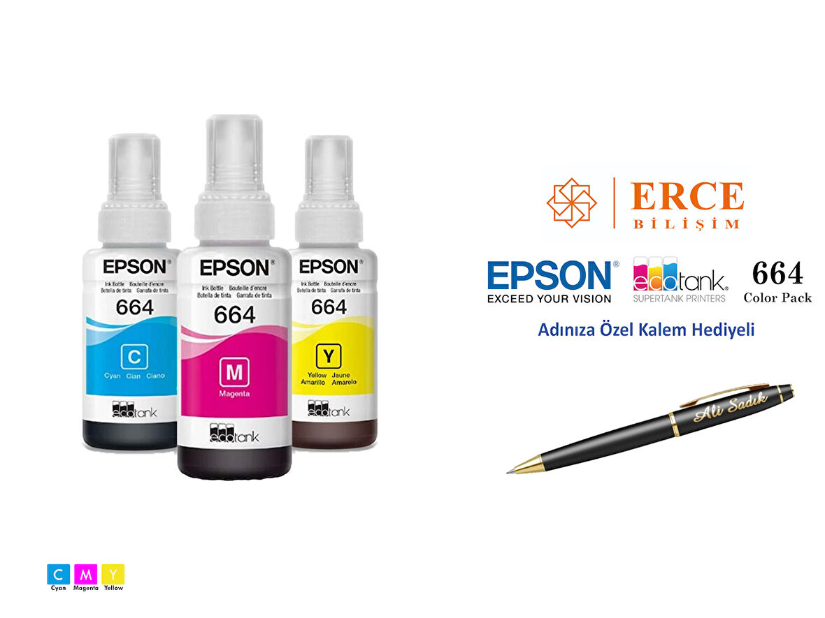 Epson 664 (CMY) 3 Renk Kartuş, Epson EcoTank L355 Uyumlu Kalem Hediyeli Mürekkep Seti