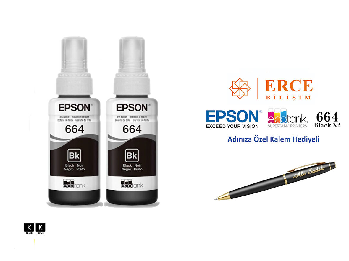 Epson 6641 (BK) 2'Lİ Siyah, Epson EcoTank L1300 Uyumlu Kalem Hediyeli 2 Siyah Mürekkep Seti