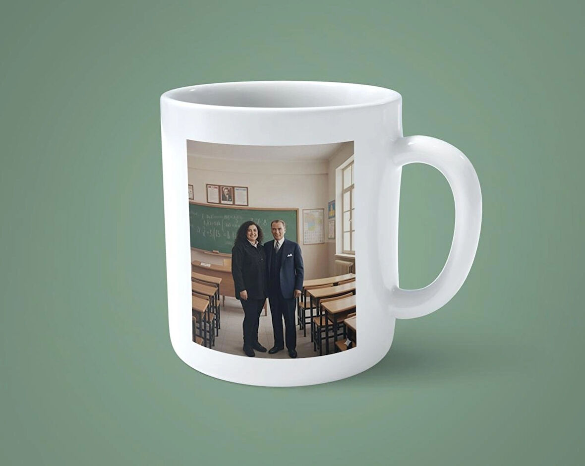 Öğretmenler Gününe Özel Atatürk ile Öğretmen temalı kişiye özel baskılı kupa