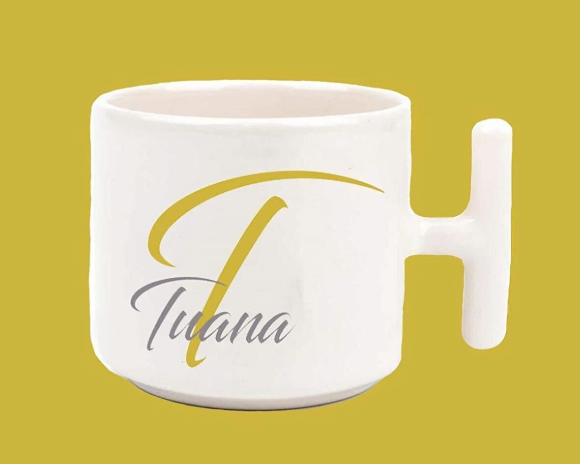 Kişiye Özel T harfli ve İsimli Gold Gri T Kulplu Baskılı Kupa Bardak