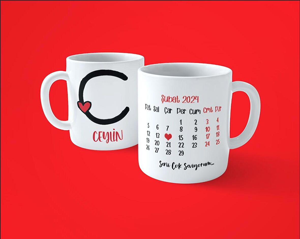 Sevgililer Gününe Özel C Harfi İsimli Takvimli Baskılı Kupa Bardak