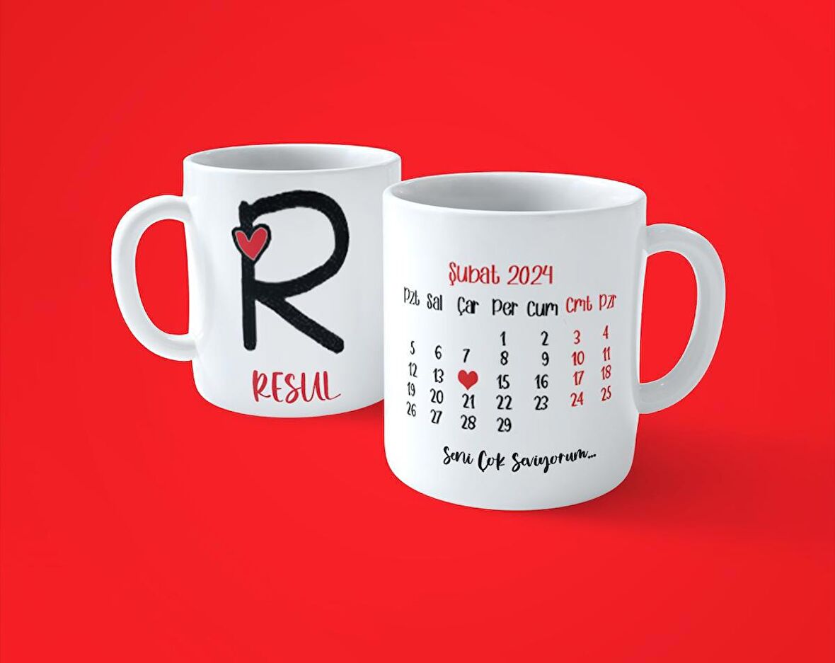 Sevgililer Gününe Özel R Harfi İsimli Takvimli Baskılı Kupa Bardak