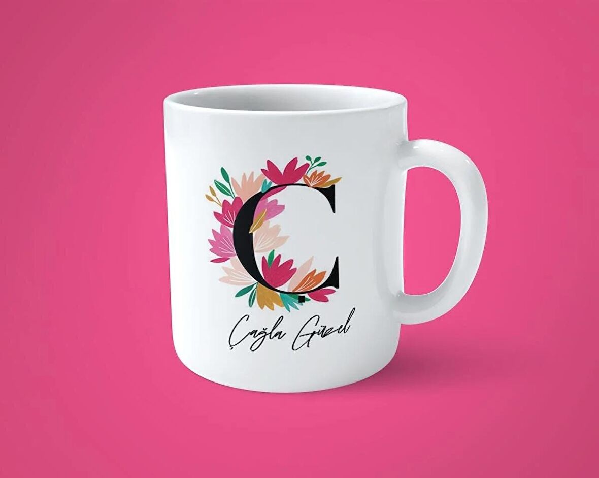 Renkli Çiçekli Ç harfli Kişiye Özel İsimli Baskılı Kupa Bardak