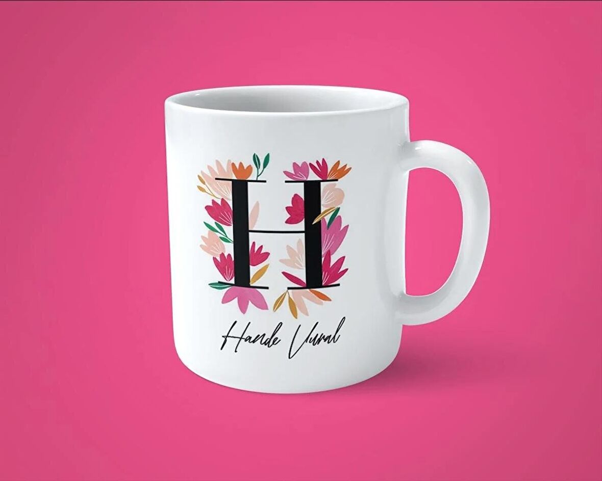 Renkli Çiçekli H harfli Kişiye Özel İsimli Baskılı Kupa Bardak