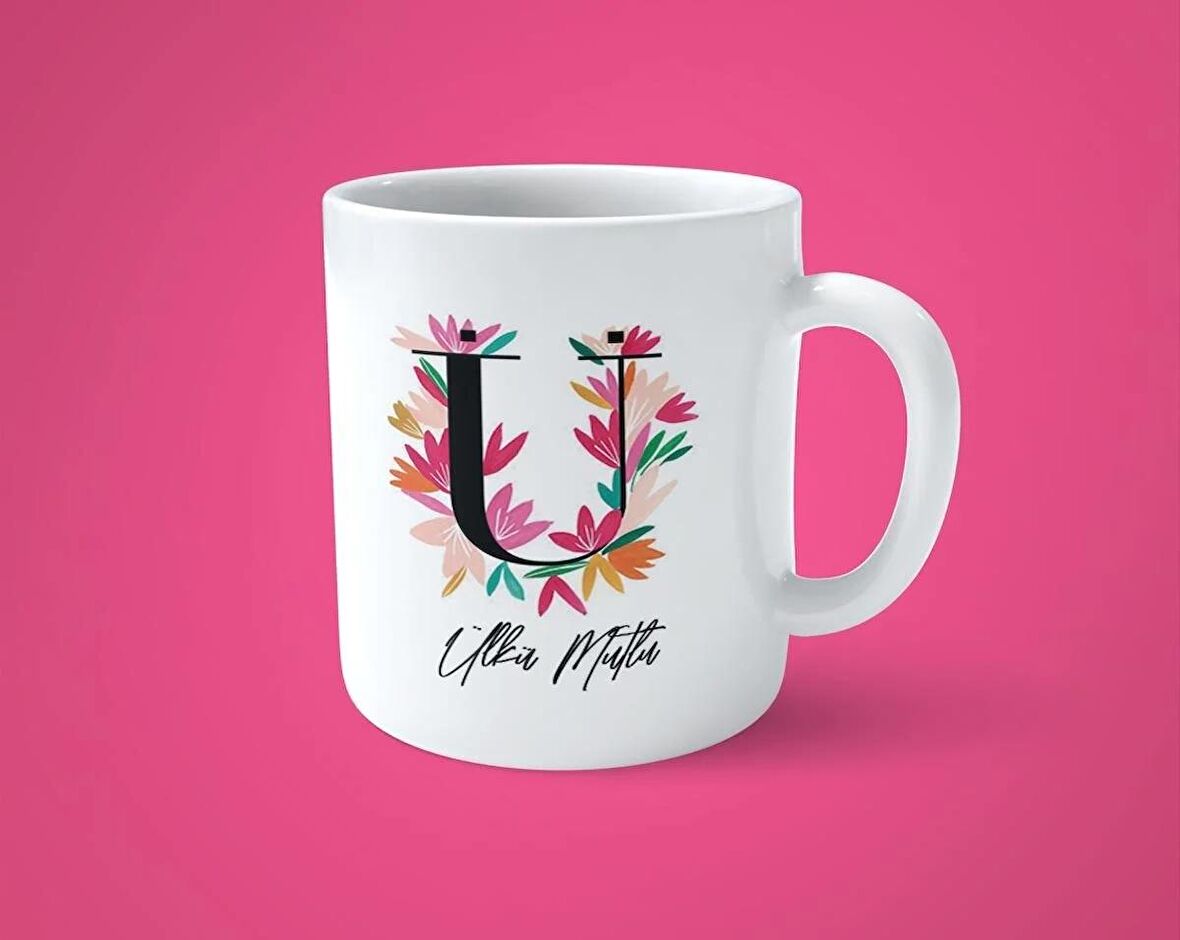 Renkli Çiçekli Ü harfli Kişiye Özel İsimli Baskılı Kupa Bardak