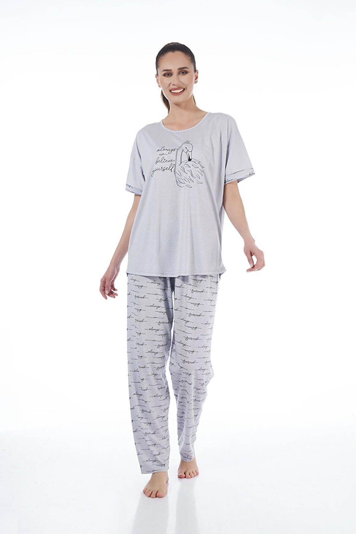 Estiva 22151 Kadın Kuğulu Viskon Kısa Kollu Büyük Beden Pijama Takımı