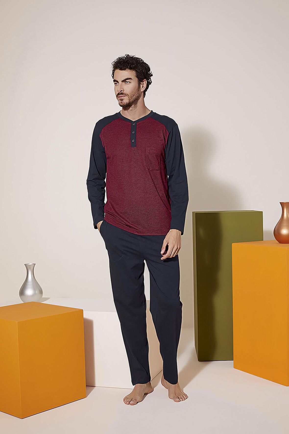 Kly 9201 Erkek Midi Yaka Pijama Takım