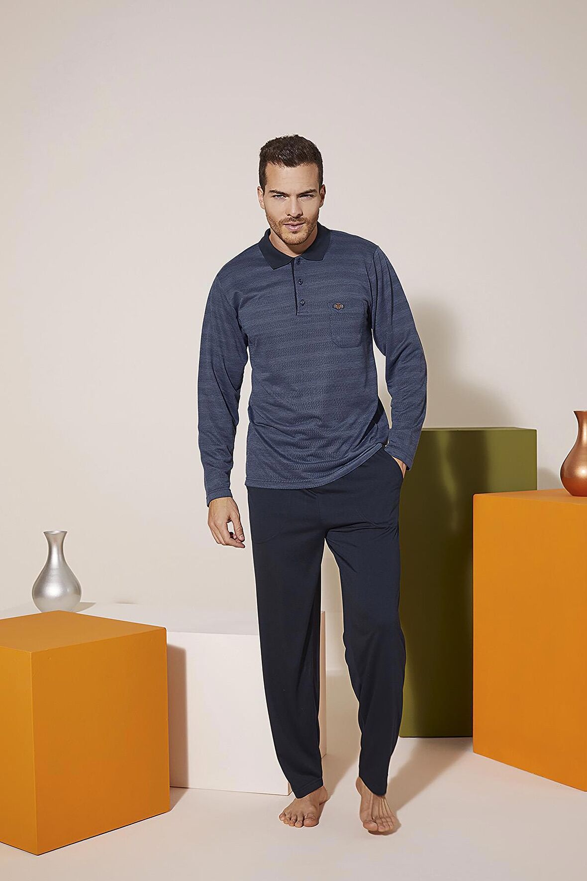 Kly 9213 Erkek Polo Yaka Pijama Takım