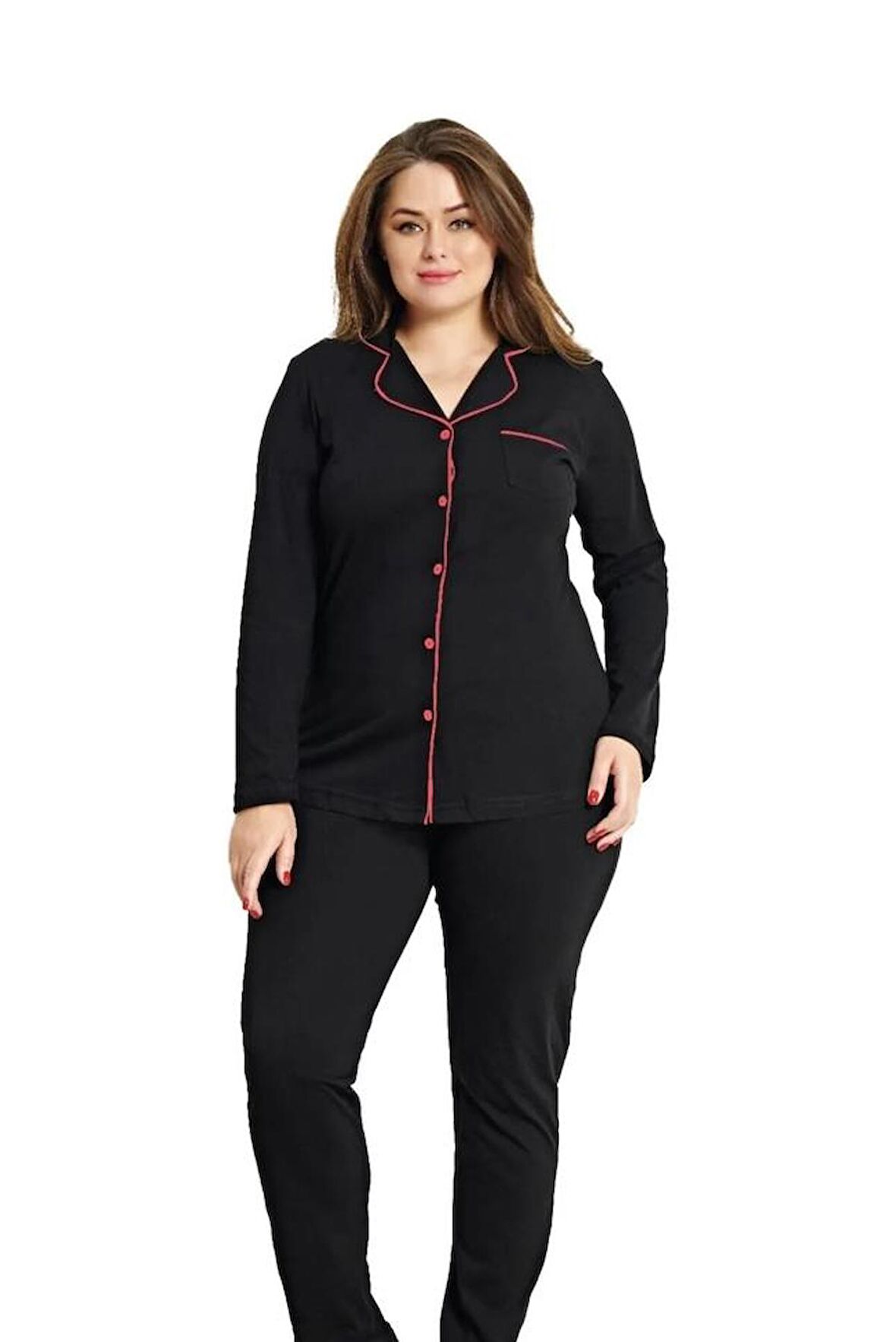 Alperi 79-42 Büyük Beden Boydan Düğmeli Gömlek Uzun Kol Pijama Takımı