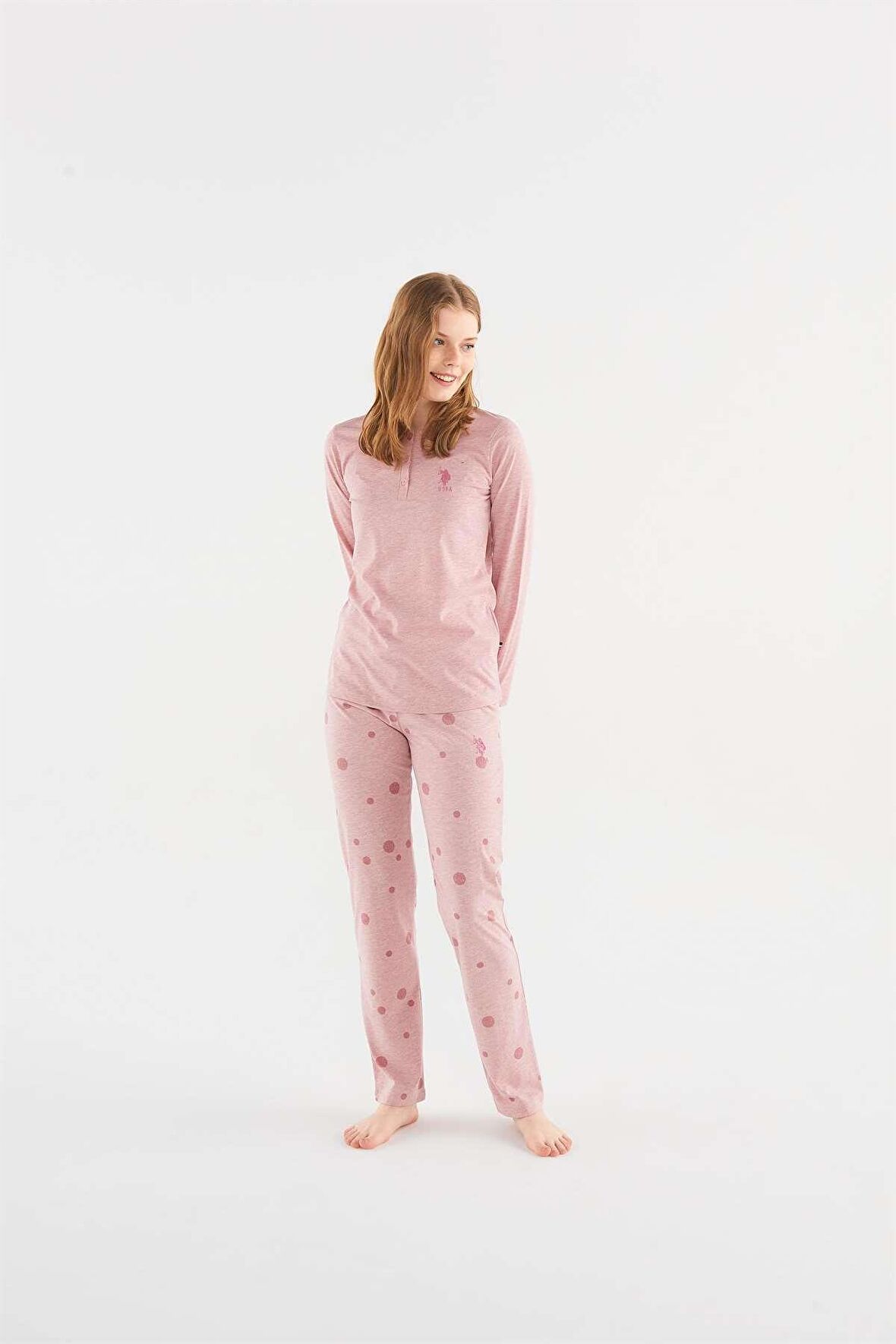 U.s Polo Assn 16829 Kadın Pembe Melanj Patlı Pijama Takım