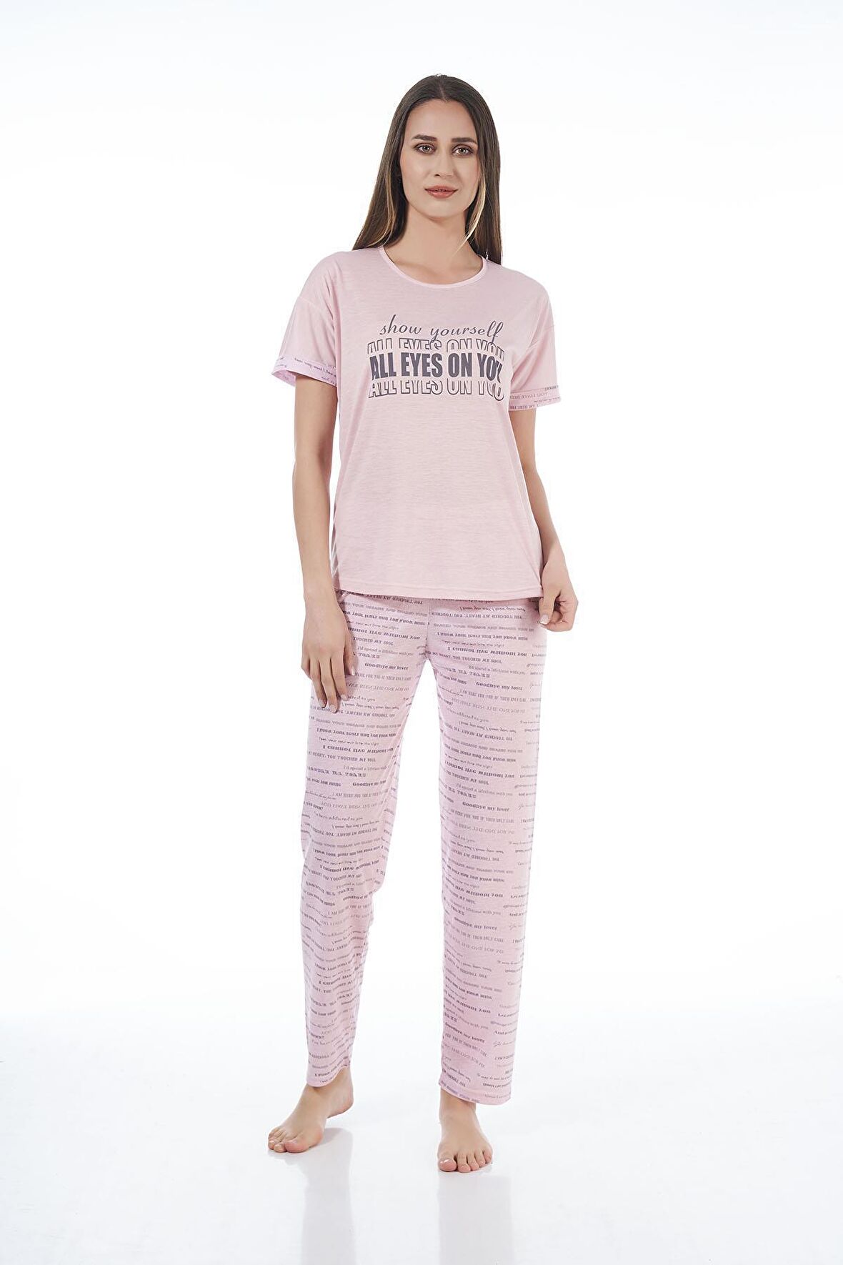 Estiva 22120 Kadın Yazı Desenli Kısa Kollu Viskon Pijama Takımı