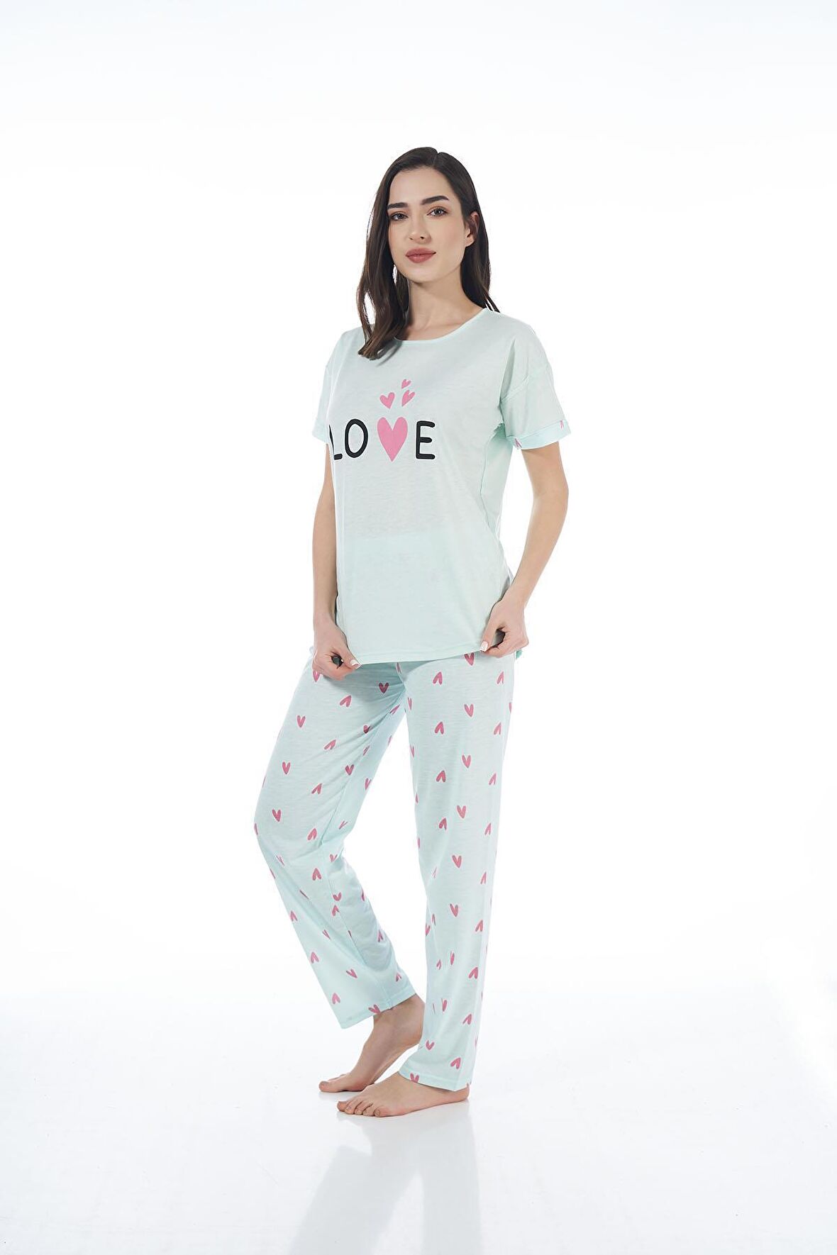 Estiva 22123 Kadın Kalp Desenli Kısa Kollu Viskon Pijama Takımı