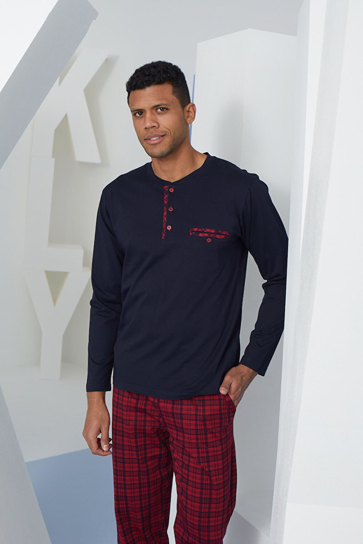 Kly Erkek %100 Pamuklu 4 Mevsim Kumaş Ekoseli Uzun Kollu Pijama Takım