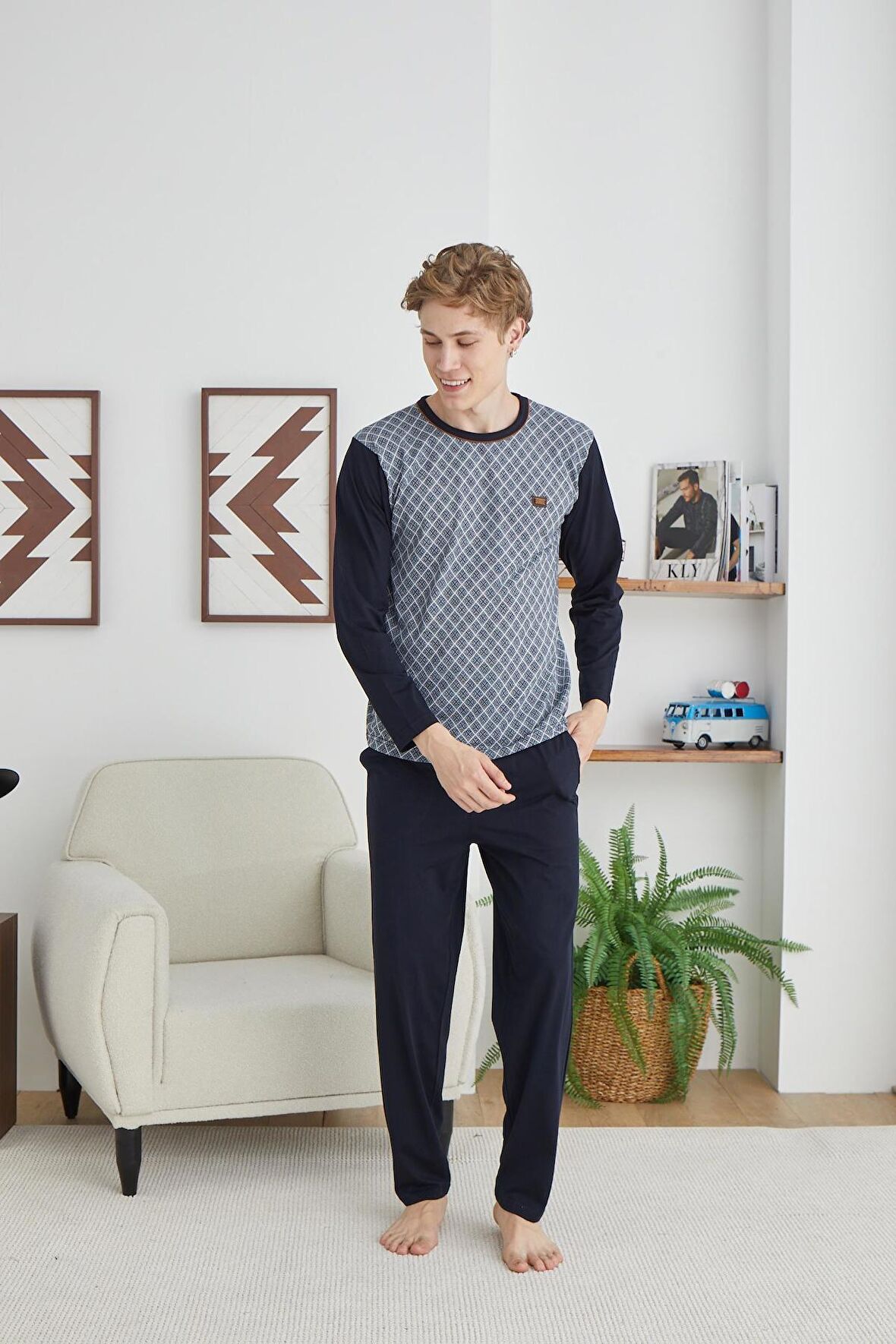 Kly 9251 Erkek 0 Yaka Uzun Kol Pijama Takım