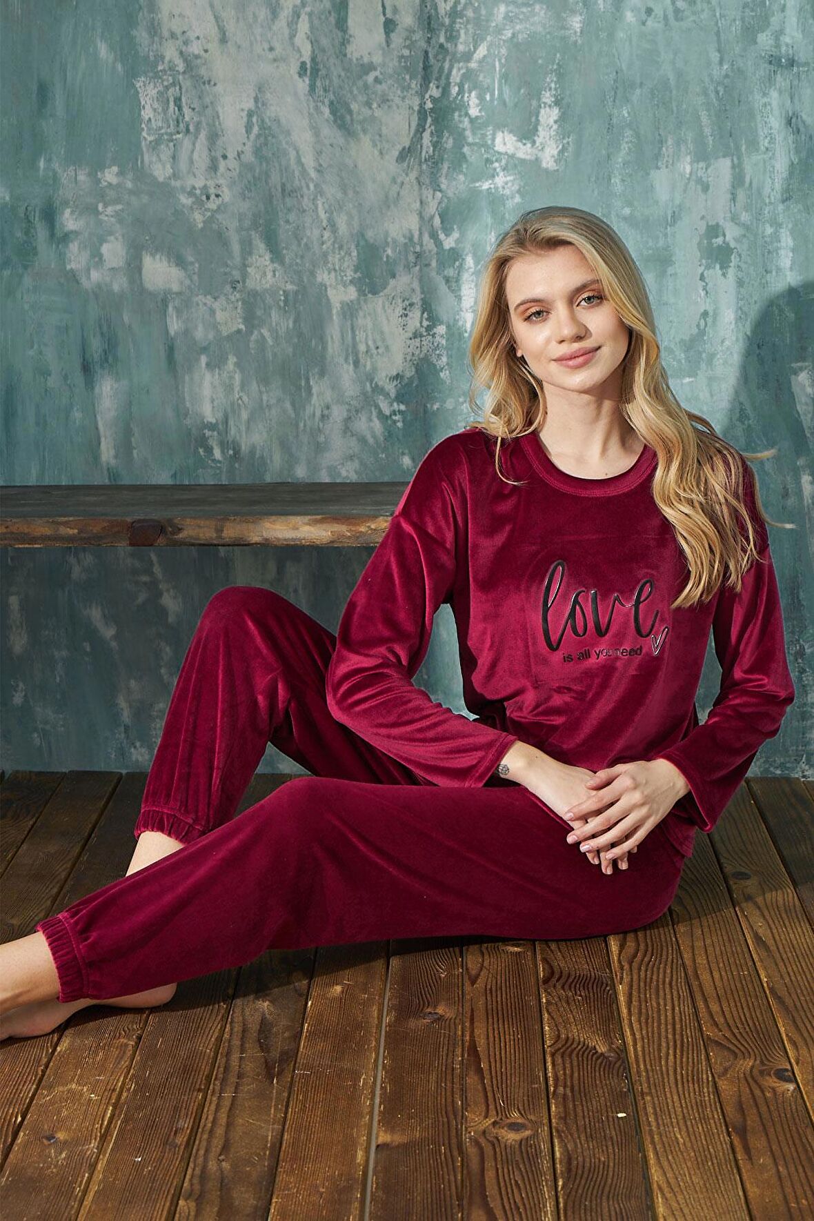 Gd Goldoremi 13112-4 Kadın Kadife Bisiklet Yaka Pijama Takımı Uzun Kollu