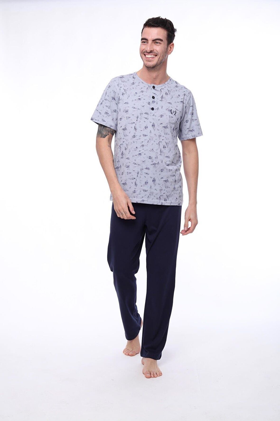 Pijadore 1402 Erkek Yuvarlak Yaka Düğmeli Kısa Kollu Pijama Takım