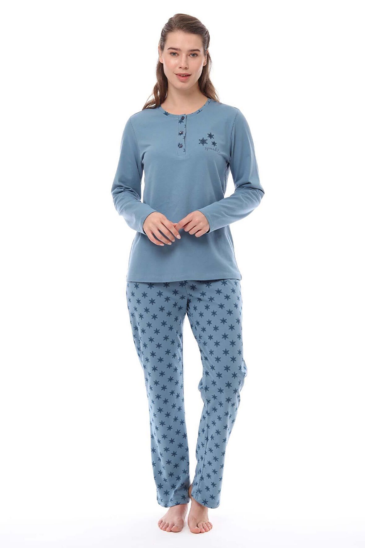 Pijadore 1536 Kadın Üç Düğmeli Pijama Takımı Uzun Kol Büyük Beden