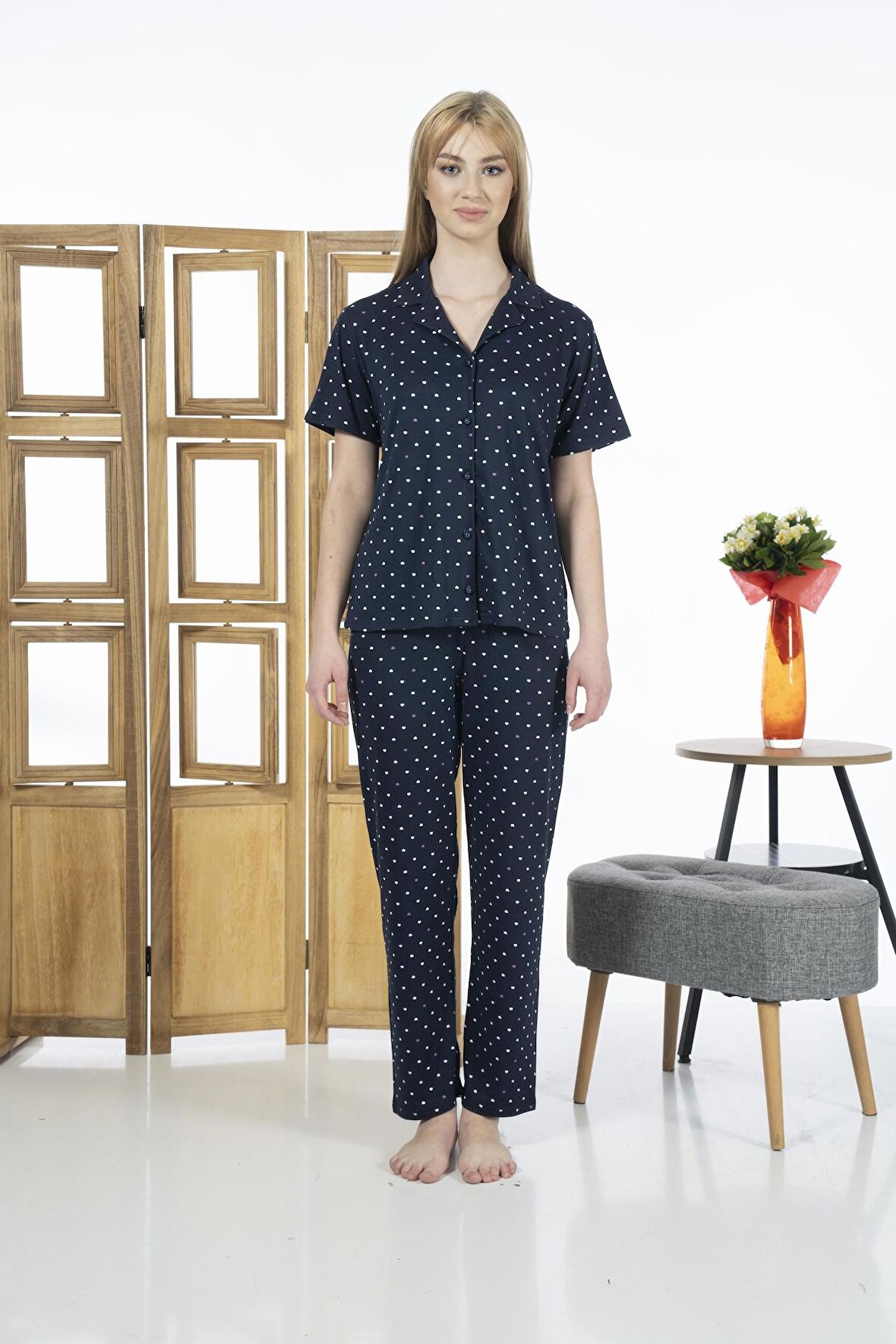 Estiva 24151 Kadın Kısa Kol Boydan Düğmeli Gömlek Pijama Takımı