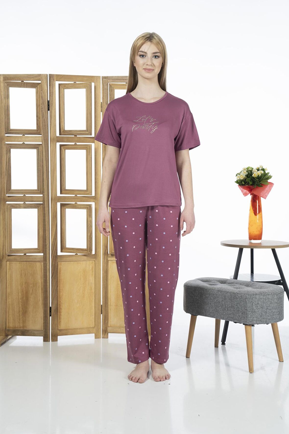 Estiva 24137 Kadın Kısa Kol Puantiyeli Pijama Takım