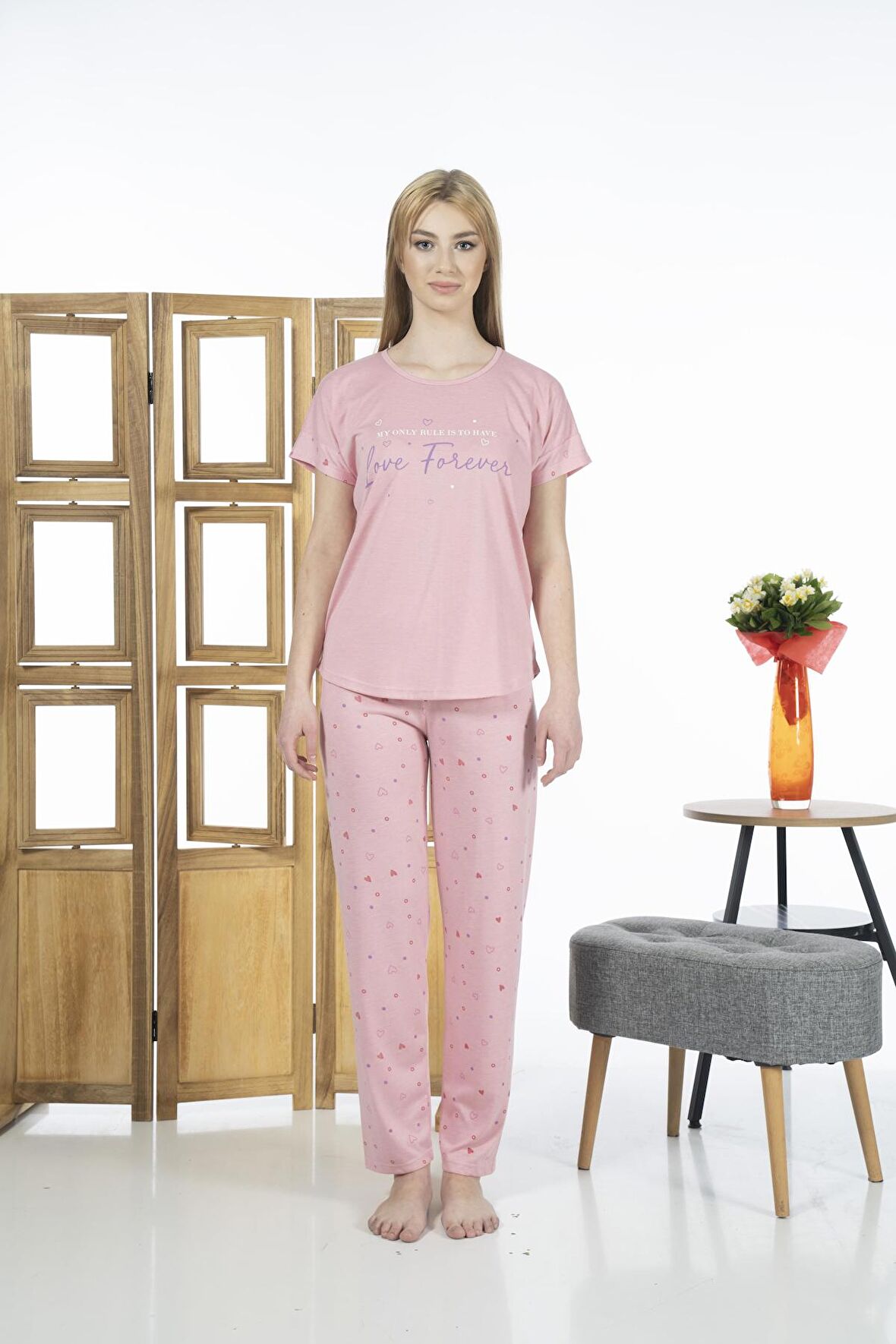 Estiva 24109 Kadın Kalp Desenli Kısa Kollu Yazlık Viskon Pijama Takımı