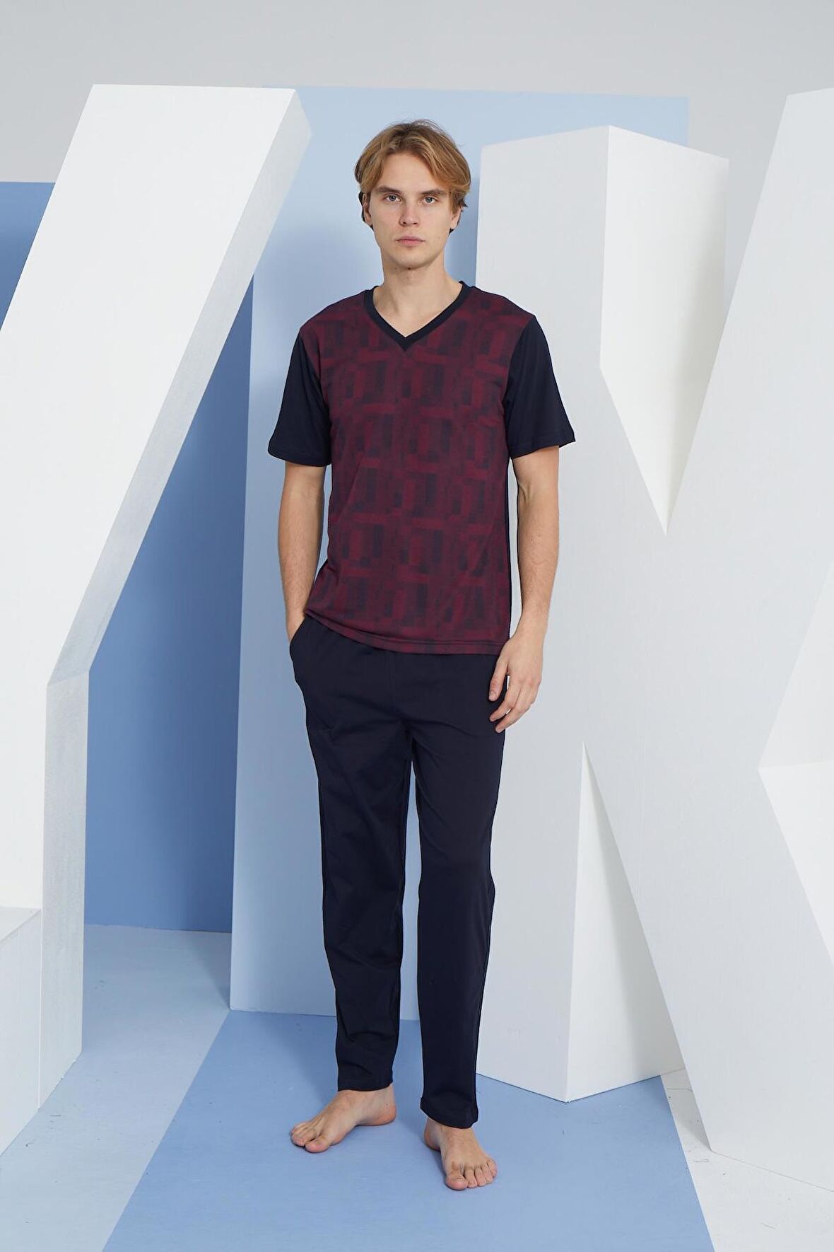 Kly 2112 Erkek Kısa Kol V Yaka Pijama Takım
