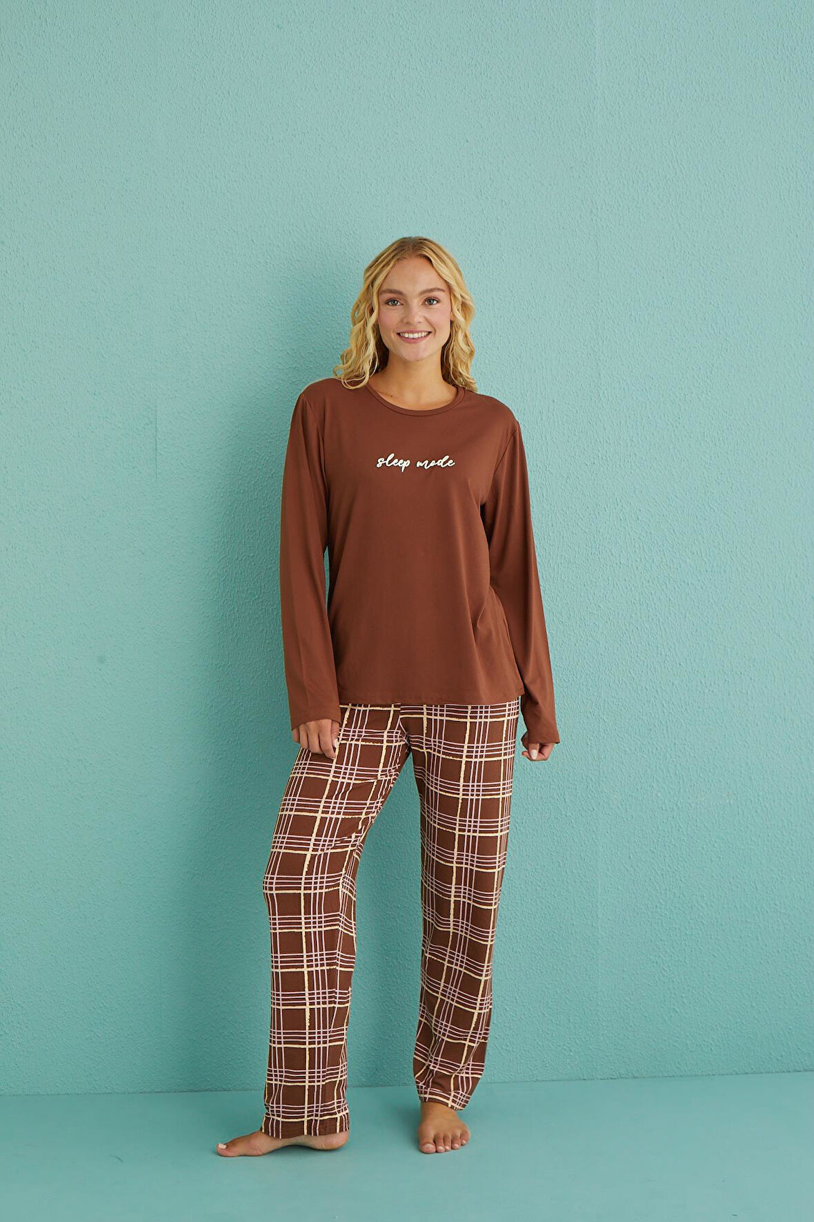 Gd Goldoremi 50902-53 Kadın Sleep Mode Ekose Uzun Kollu Pijama Takım