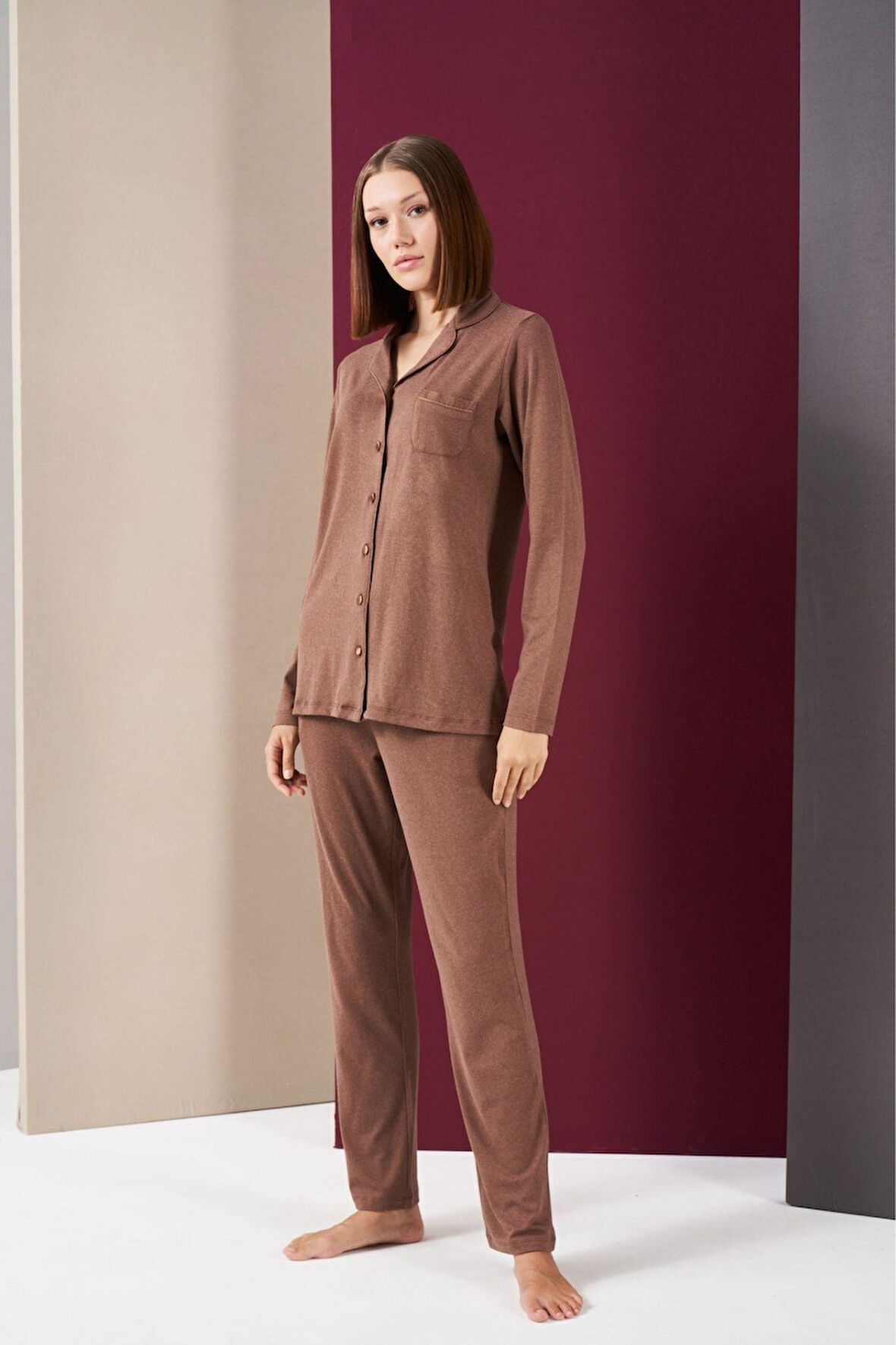 Pjs 26032 Kadın Boydan Düğmeli Patlı Uzun Kol Pijama Takım