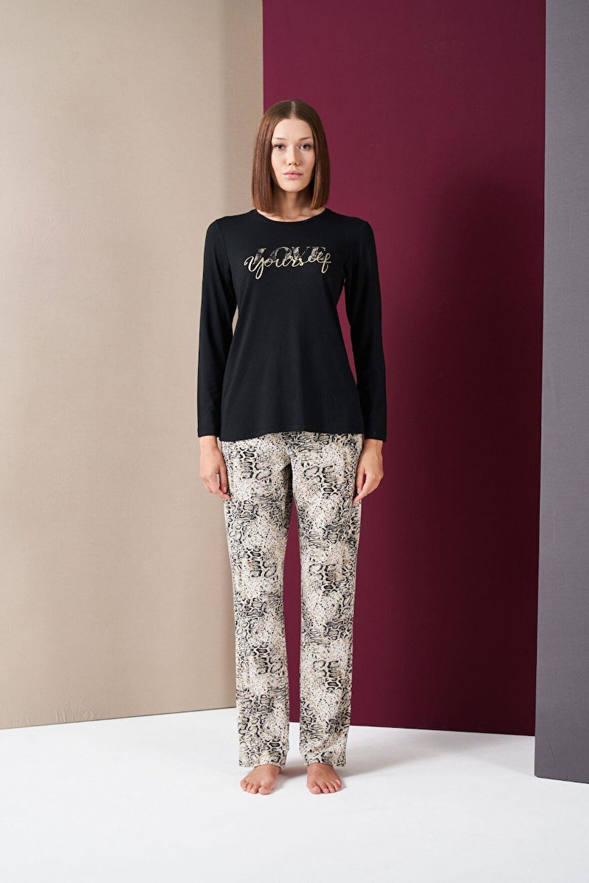 Pjs 26020 Kadın Love Yourself Yuvarlak Yaka Leopar Desen Uzun Kol Pijama Takım