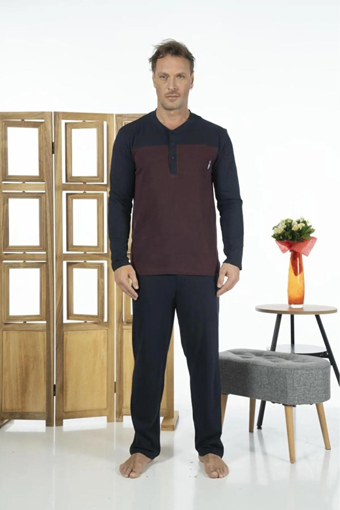 Estiva 24272 Erkek Düğmeli Uzun Kollu Yazlık Penye Pijama Takımı