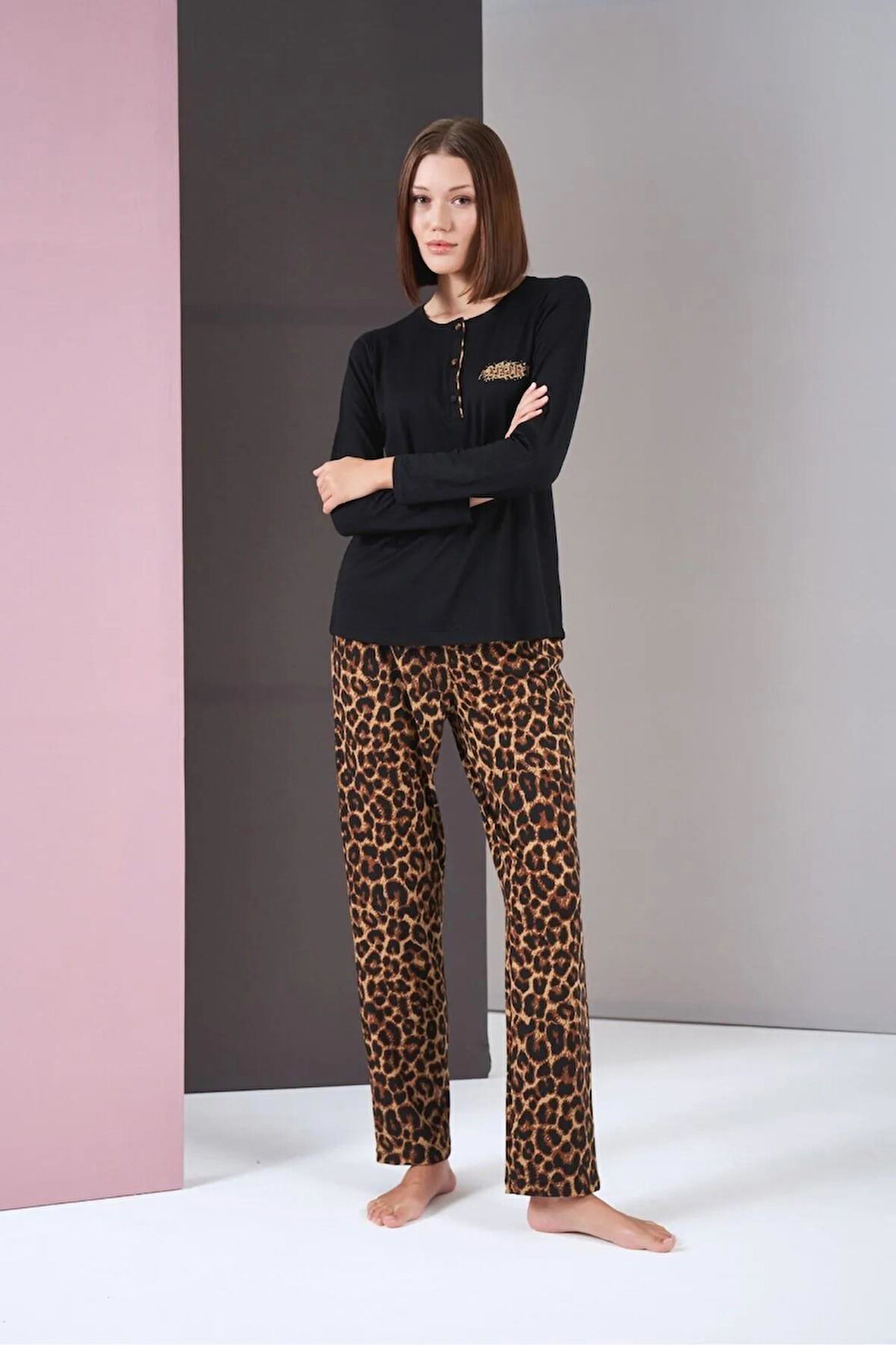 Pjs 26004 Kadın Uzun Kol Leopar Desenli Pijama Takım