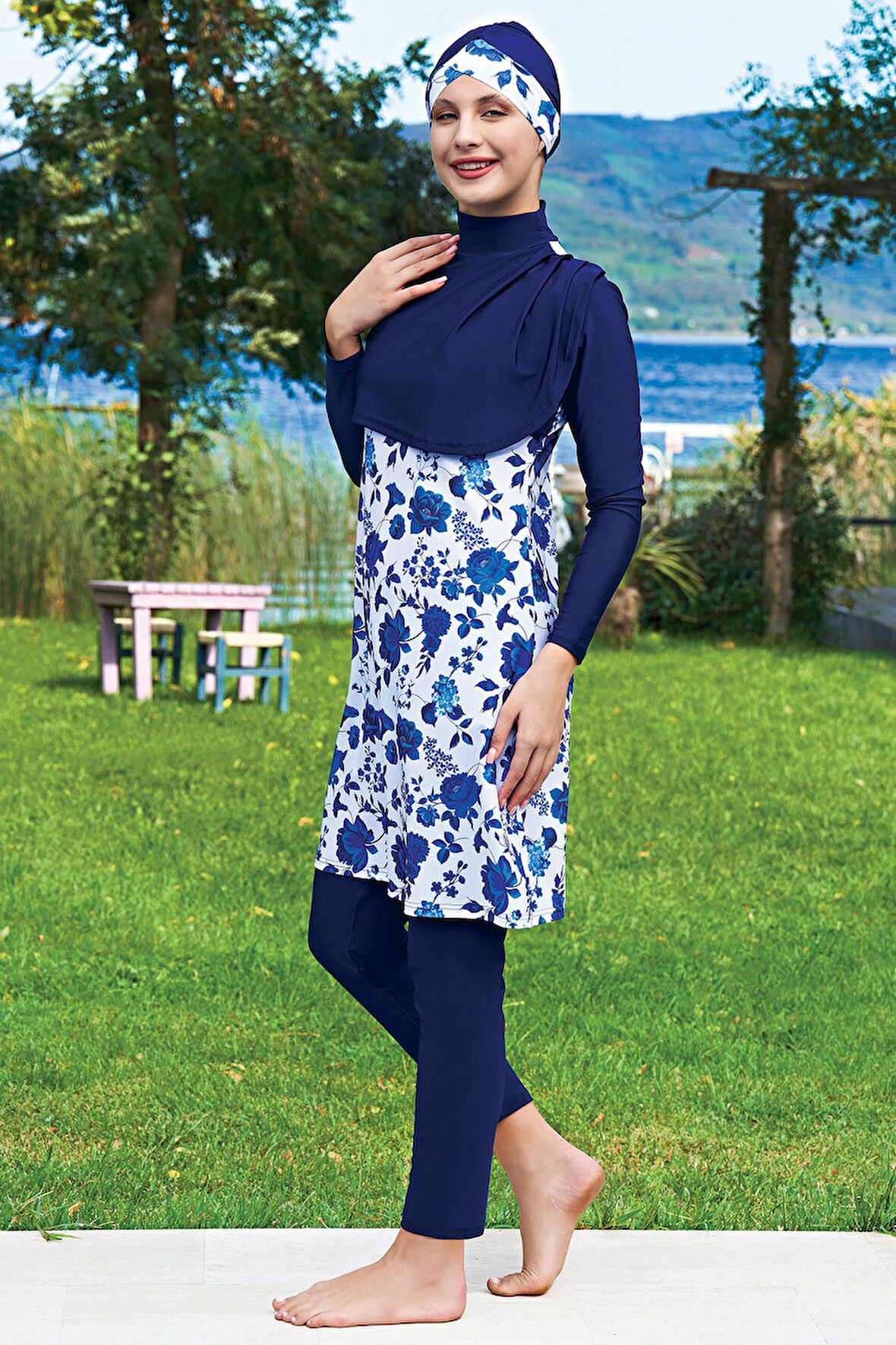 Ruko Maio 2401-1 Lacivert Cepken Model Likralı Su İtici ve Çabuk Kuruyan Kumaş Tesettür Mayo